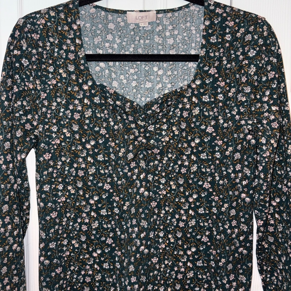 LOFT Dark Green Floral Long Sleeve Top
